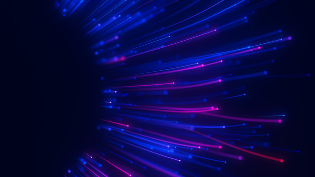 Closeup of Big data light speed flow outwards left side. Abstract digital data stream of quantum computing. Cyberspace of qubit trail waves. Modern tech information transmission. Ai neural network