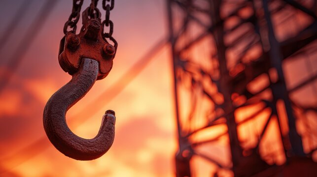 Industrial hook hanging from chains against a vibrant sunset sky, capturing the essence of heavy machinery and construction site atmosphere.