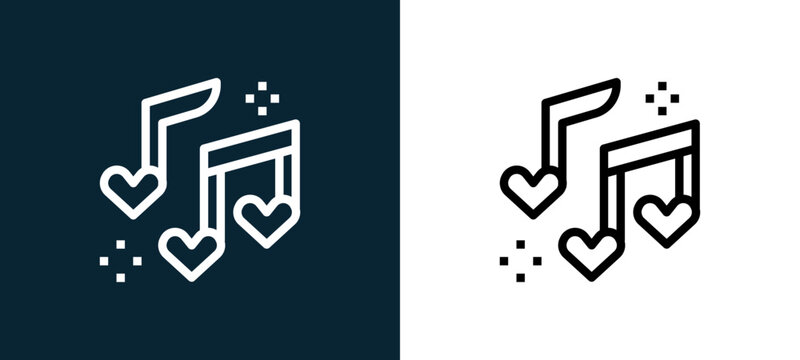 Two-color music notes outline icon pair in black and white, editable stroke vector illustration for web, mobile apps, UI design, branding, and print from love