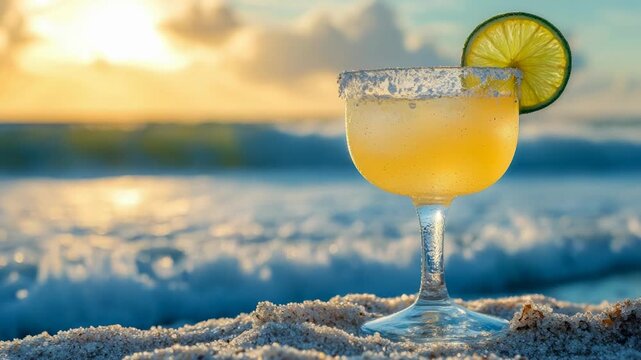 Refreshing margarita cocktail with lime and salt resting on the sand with ocean waves in the background