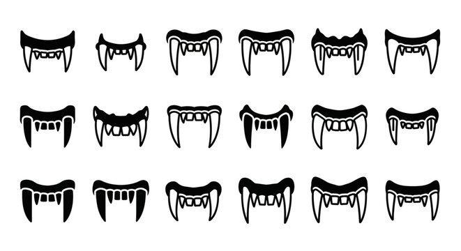 Vampire teeth icons, fang illustrations, monster mouth graphics, black silhouette set