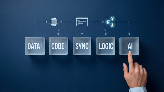 Artificial Intelligence Algorithm Flowchart: Data, Code, Sync, Logic, AI
