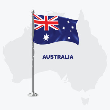 Waving flag of Australia on flagpole. Template for independence day poster design, Australian Flag with World Map Behind them on White Background