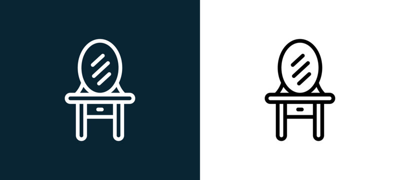 Two-color mirror outline icon pair in black and white, editable stroke vector illustration for web, mobile apps, UI design, branding, and print from furnitures