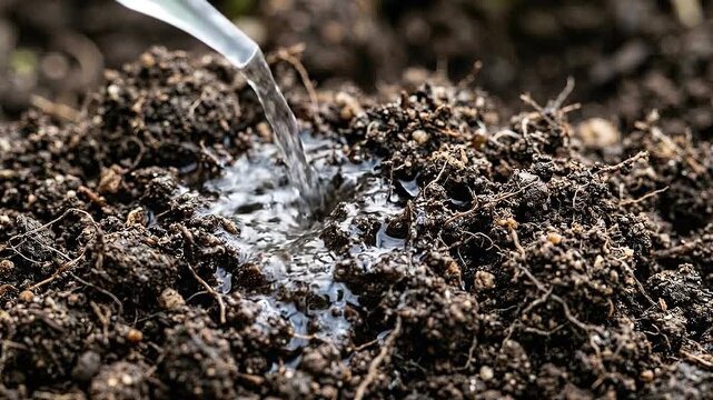 Soil testing and health testing closeup with water poured into rich dark potting earth revealing moisture root fiber texture and nutrient assessment