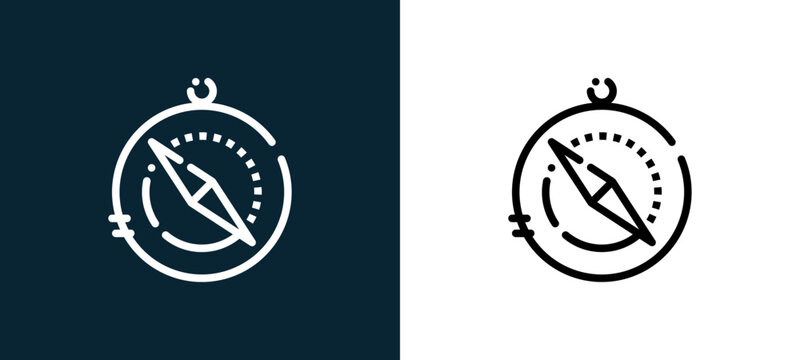 Two-color compass outline icon pair in black and white, editable stroke vector illustration for web, mobile apps, UI design, branding, and print from camping