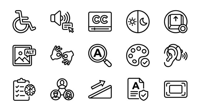 Accessibility, universal design, line icons, symbols, set of 16, black and white, vector graphics, web, mobile, UI, UX, accessibility features, disability awareness, inclusive design