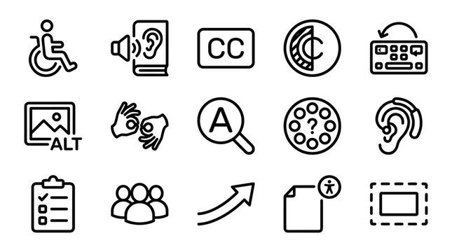Accessibility, web development, and SEO icons, 13 line icons set, black on white