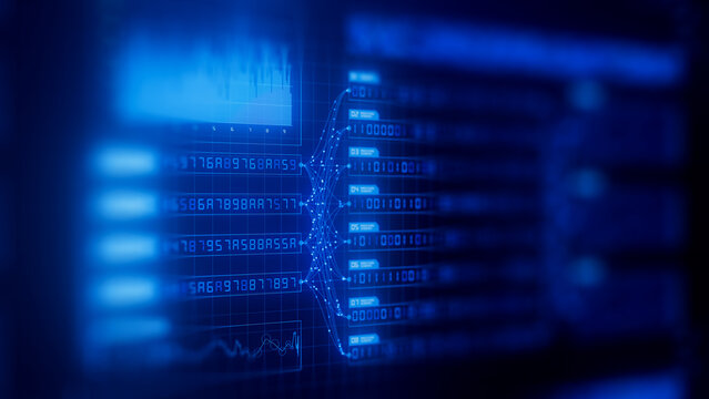 Abstract blue big data flow visualization of binary neural network learning process. Quantum computing of artificial intelligence. Futuristic digital ai technology algorithm of data stream.