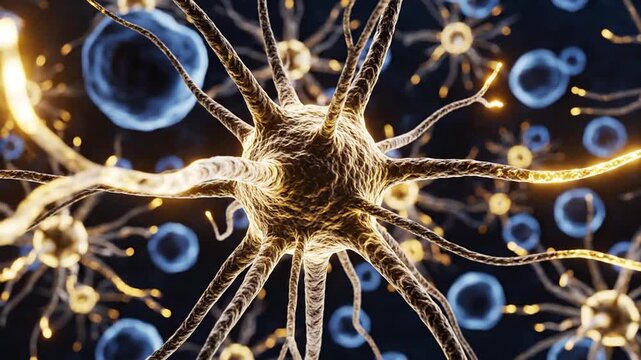 Microscopic visualization of a glowing human neuron nerve cell with branching dendrites and axons, featuring a bright electrical spark impulse transmitting through the cellular network.