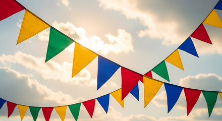 Obraz premium Colorful pennant flags against a bright cloudy sky background