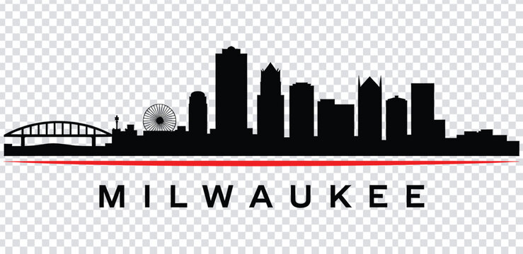 Vector illustration milwaukee city skyline with ferris wheel and bridge silhouette vector graphic