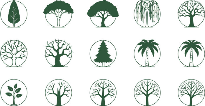 Collection of fifteen dark green tree in circles on white background nature plant forest growth