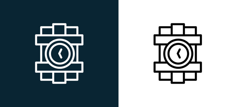 Two-color dinamite outline icon pair in black and white, editable stroke vector illustration for web, mobile apps, UI design, branding, and print from military