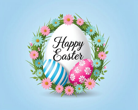 A festive Easter graphic, centered in the frame, features a large white oval egg with Happy Easter written in elegant black script