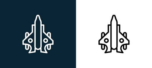 Fototapeta premium Two-color jet outline icon pair in black and white, editable stroke vector illustration for web, mobile apps, UI design, branding, and print from military