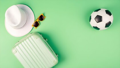 Travel essentials including hat, sunglasses, suitcase, and soccer ball on green