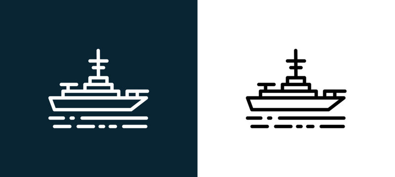 Two-color battleship outline icon pair in black and white, editable stroke vector illustration for web, mobile apps, UI design, branding, and print from military