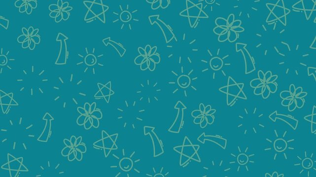 Bright white icons float on teal background. Sun, stars, arrows, flowers, and sparkles animate the scene. Simple outlines create a playful, energetic vibe. Ideal for design, education