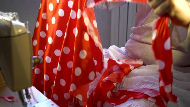 A person working on a sewing machine is focused on crafting with vibrant red fabric adorned with white polka dots. Sunlight fills the cozy indoor space, illuminating the creative process.