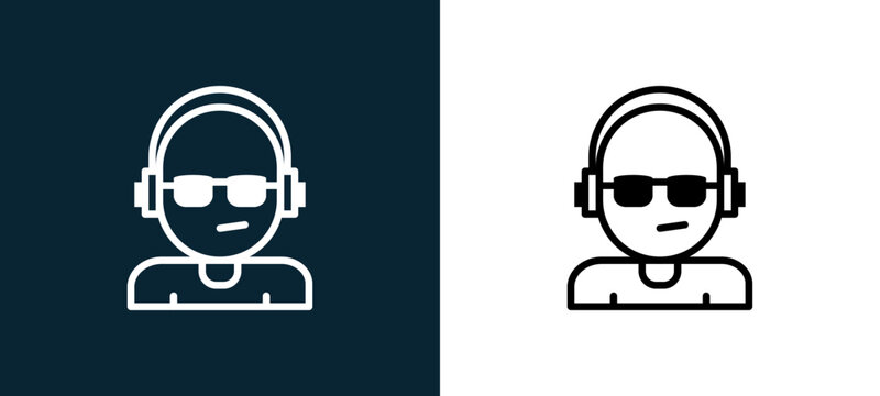 Two-color dj outline icon pair in black and white, editable stroke vector illustration for web, mobile apps, UI design, branding, and print from jobs
