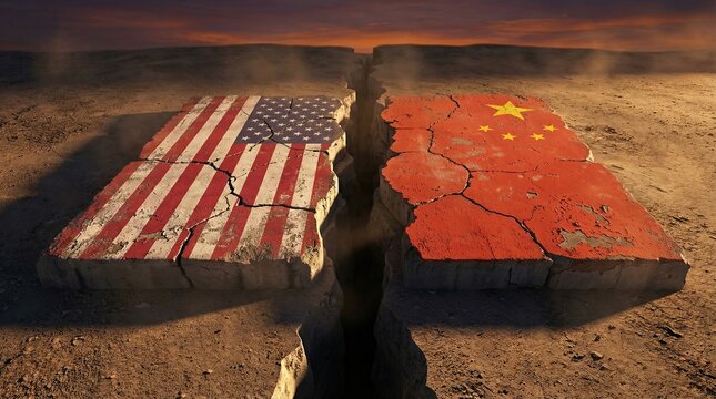 Geopolitical Divide: A cracked representation of the USA and China flags symbolize a deep chasm and escalating tension between the two global powers, set against a desolate.