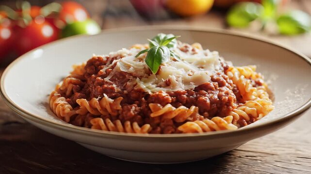 Delicious Fusilli Pasta with Rich Bolognese Sauce and Fresh Basil.
