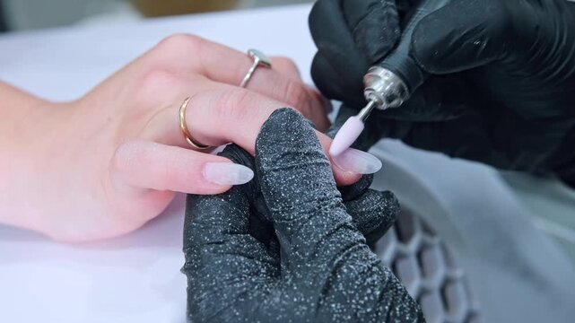 A manicure specialist is using an electric nail drill to file and refine the side of an almond fingernail. This process takes place in a salon setting with focus on nail detail.