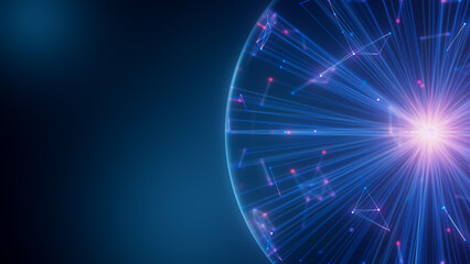 Fototapeta premium Closeup of Abstract big data sphere of quantum computing qubit core. Data flow transmission and connections from central core. Ai cloud computing unit. Futuristic technology