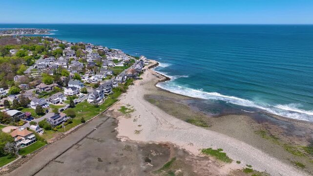 Third Cliff village aerial view at the North River mouth to the Atlantic Ocean in town of Scituate, Massachusetts MA, USA. 