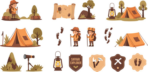 Safari Explorer Adventure Icons with Camping, Hiking, and Exploration Gear Flat Vector Illustration Set © MDRIFAT
