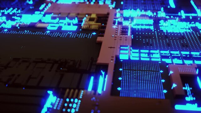 An animated close-up of a high-tech circuit board with bright neon lights. The complexity of modern electronics and microchip architecture. Innovation, data processing speed, and computing