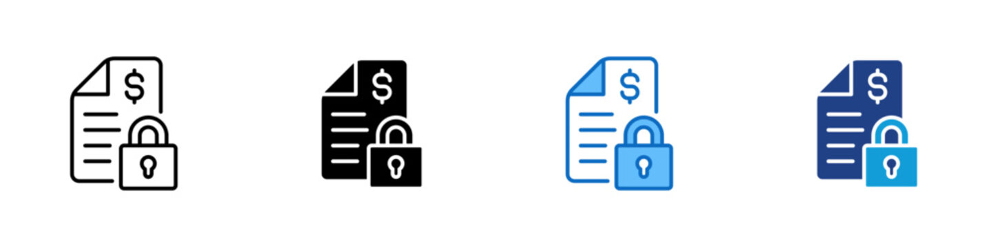 Secure Invoice Multiple Style Icon Design Vector - Document with dollar sign and padlock representing secure transactions, financial protection, and encrypted billing