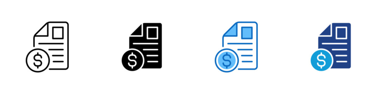 Invoice Document Multiple Style Icon Design Vector - Document with dollar symbol representing billing record, financial statement, and payment documentation