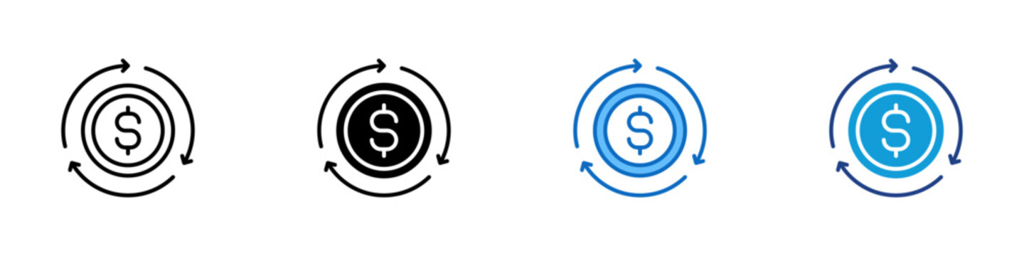 Money Cycle Multiple Style Icon Design Vector - Dollar coin with circular arrows representing financial circulation, recurring payment, and cash flow management