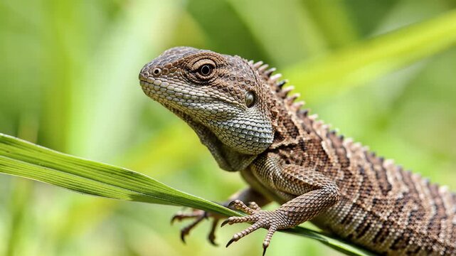 Closeup of a Water Dragon Lizard Perched on a Leaf in Lush Greenery.