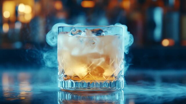 Cold whiskey cocktail with ice and mystical blue smoke swirling around the glass on a bar counter