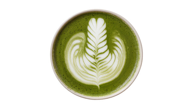 Green matcha latte with white foam art in a cup, isolated on transparent background