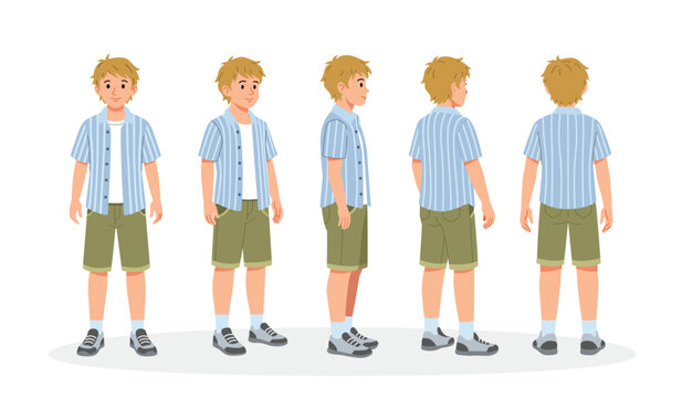 Teen Boy Turnaround Sheet. Casual Boy Cartoon 2d Character Turnaround sheet. Front, Side, Back View Animated Character. Boy 2d Character Turnaround Sheet.