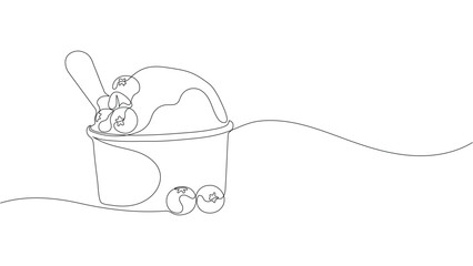 Single line art ice cream cup with fresh berry garnish, minimalist dessert vector. Editable stroke. © Walija