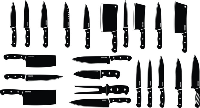 Collection of Professional Kitchen Knife Silhouettes Featuring Meat Cleavers Chef Knives Carving Forks and Paring Tools for Culinary Design Cooking and Restaurant Branding Projects