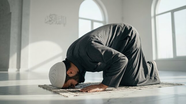 Muslim man in kufi cap kneeling on prayer rug spiritual religious worship