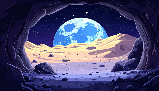 Dramatic moonscape view through cave entrance