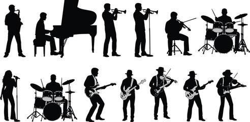 Musical band silhouette set featuring diverse musicians playing piano, guitar, drums, saxophone, trumpet, violin, and singing isolated on white background for concert event vector design. © MSTARJINAAKTHER
