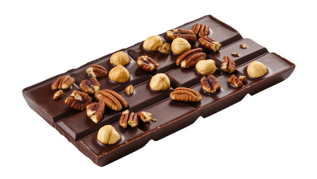Dark chocolate bar with whole hazelnuts and pecan halves, isolated on transparent background