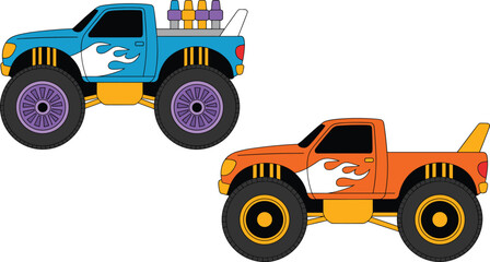 Monster trucks with flame decals and oversized wheels in flat vector illustration set isolated on white background for automotive and extreme sport design © MdIbrahimIslam