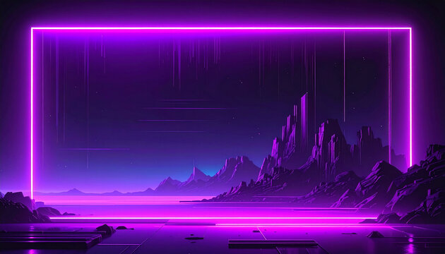 Neon light frame over purple mountain landscape background illustration
