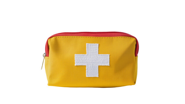Yellow first aid kit bag with red zipper and white cross, isolated on transparent background