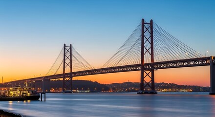 Obraz premium The majestic 25 de abril bridge at sunset showcasing its architectural beauty and serene waterfront surroundings