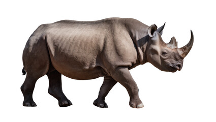 Fototapeta premium Massive grey rhinoceros with sharp horn, isolated on transparent background